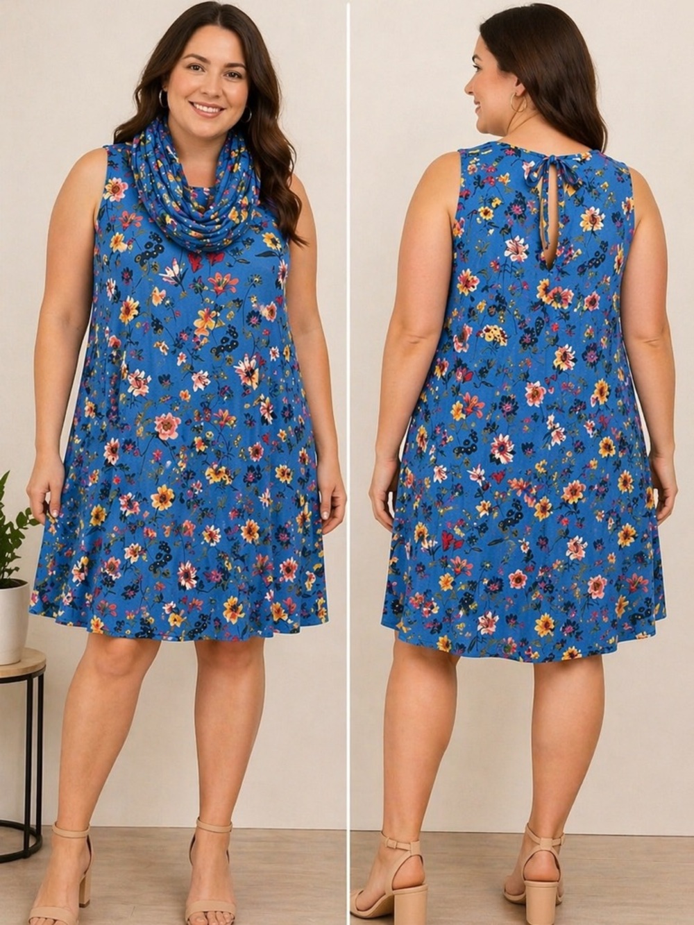 LOFT Plus Blue Floral Sleeveless Dress w/ Matching Infinity Scarf— Size 14